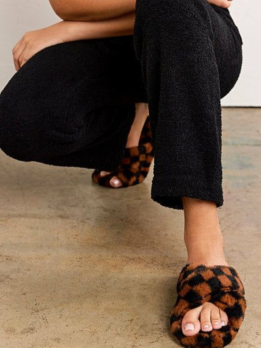 Slippers * | New York & Company Brown & Black Faux-Fur Checkerboard Slippers Kw Fashion Brown - Brown