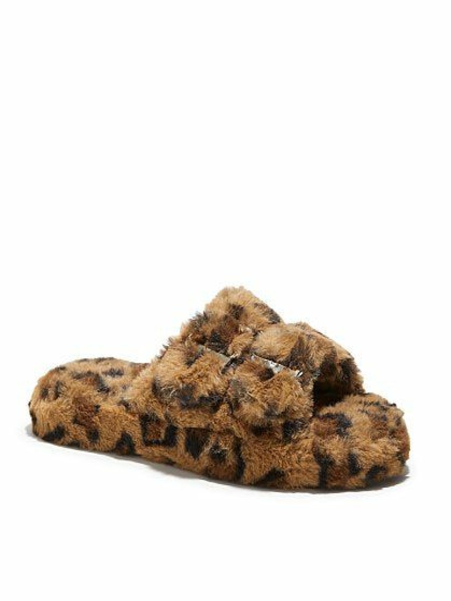 Slippers * | New York & Company Double-Buckle Faux-Fur Slippers Leopard-Print Black - Black