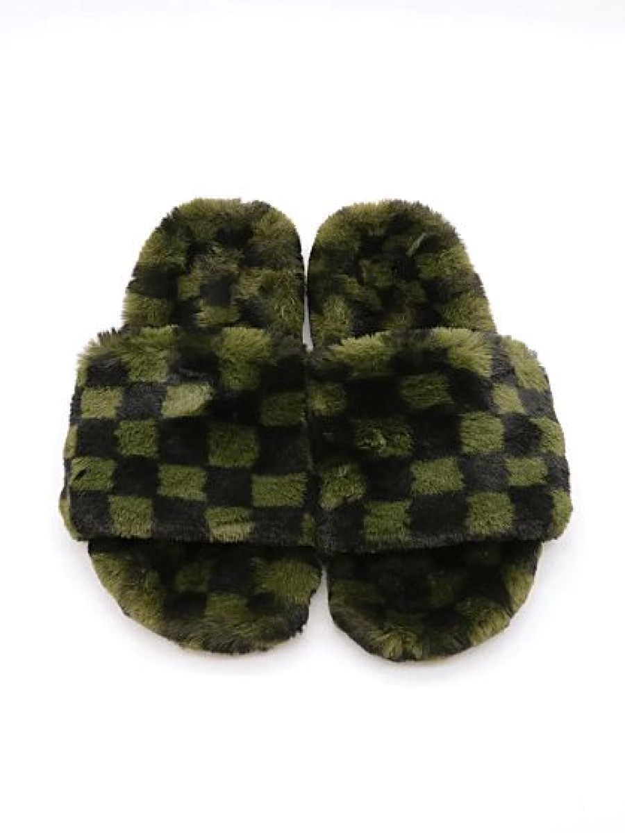 Slippers * | New York & Company Green & Black Faux-Fur Checkerboard Slippers Kw Fashion Green - Olive