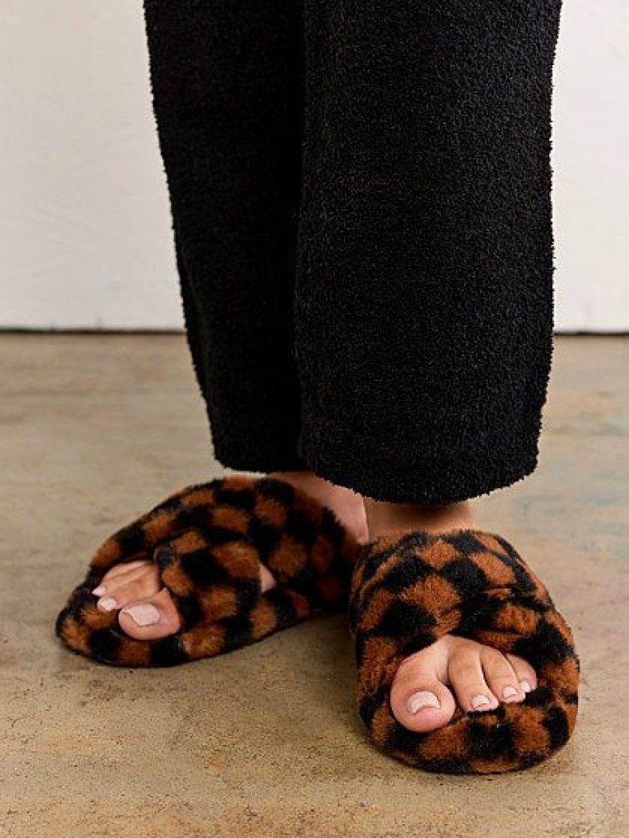 Slippers * | New York & Company Brown & Black Faux-Fur Checkerboard Slippers Kw Fashion Brown - Brown