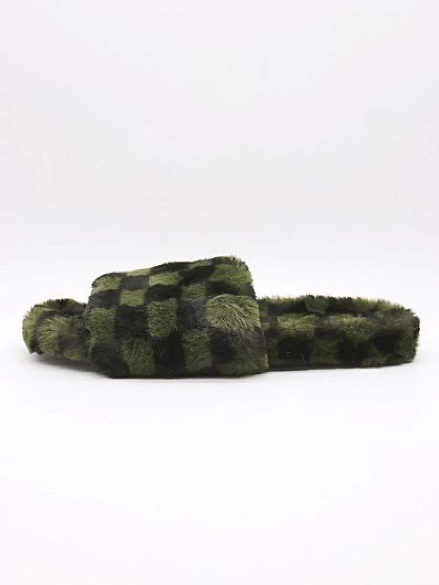 Slippers * | New York & Company Green & Black Faux-Fur Checkerboard Slippers Kw Fashion Green - Olive