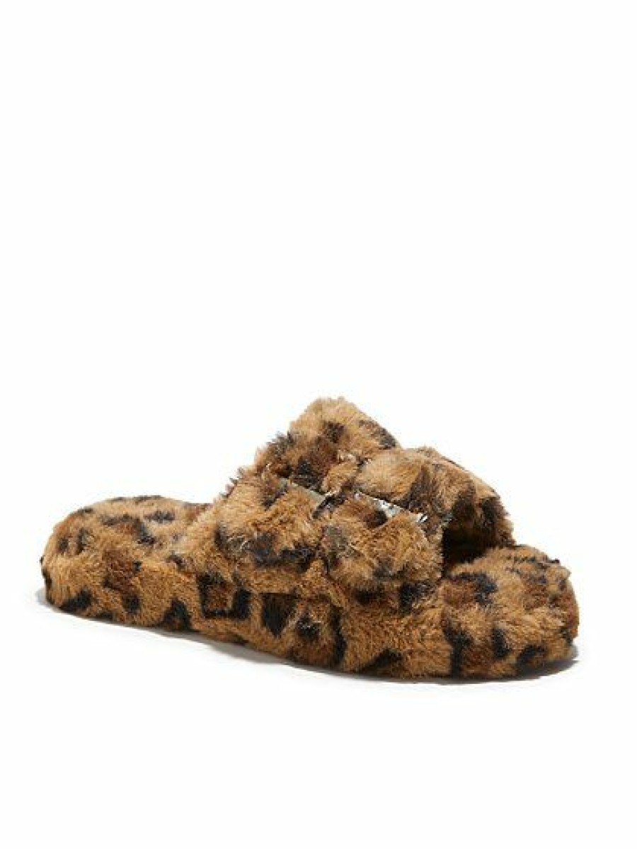 Slippers * | New York & Company Double-Buckle Faux-Fur Slippers Leopard-Print Black - Black