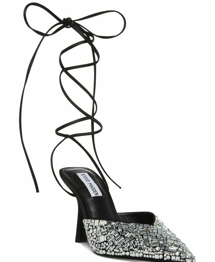 Heels & Pumps * | Steve Madden Women'S Ravish Rhinestone Ankle-Tie Pumps Black Gemstone